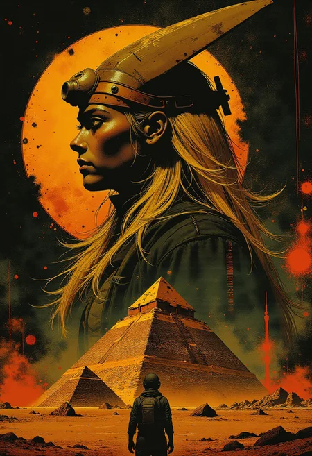 Inkplash art on rice paper, sepia, henna , Silhouette Art, magnificent, inksplash double exposure, crisp lines, Egyptian pyramids below closeup portrait of stunning japanese sci-fi warrior, blonde loose hair, Anubis-style helmet, directional lighting, dark background