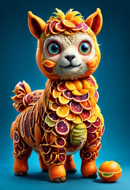 a cute chibby alpaca with big rainbow eyes made made of oranges, very detailed, 4k, sharp, blood orange style