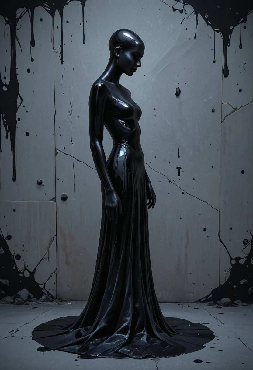 cinematic, realistic, a black female sculptured form, (abstract) and (featureless), long black dress, side view, standing in front of a (black painted) concrete wall, ((sfw)).