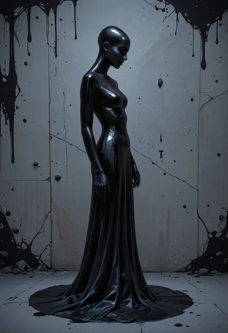 cinematic, realistic, a black female sculptured form, (abstract) and (featureless), long black dress, side view, standing in front of a (black painted) concrete wall, ((sfw)).