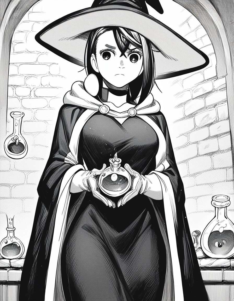 score_9, score_8_up, score_7_up, source_anime, <lora:momo-ayase-manga-ponyxl-lora-nochekaiser:1>, momo ayase, short hair, bangs, thick eyebrows, monochrome, greyscale, medium breasts,, <lora:wizard-ponyxl-lora-nochekaiser:1>, wizard, wizard hat, robe, dress, long sleeves, gloves,, indoors, bricks, potion, flask, vial,, cowboy shot,, , dutch angle, cowboy shot