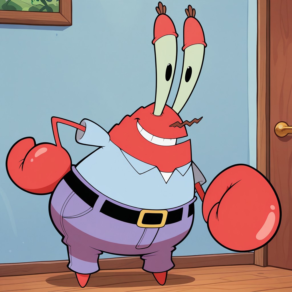 1boy, male, solo, Mr_Krabs, red body, red skin, shiny skin, claws, triangular shaped body, chubby, eyestalks, brown eye lashes, big pupils, black pupils, stubby legs, blue collared shirt, white undershirt, bluish purple jeans, black belt, yellow belt buckle, masterpiece, best quality, amazing quality, very aesthetic, absurdres, newest, high quality, indoors, wooden floor, looking at viewer, smiling, hand on hip, shading, shadows
