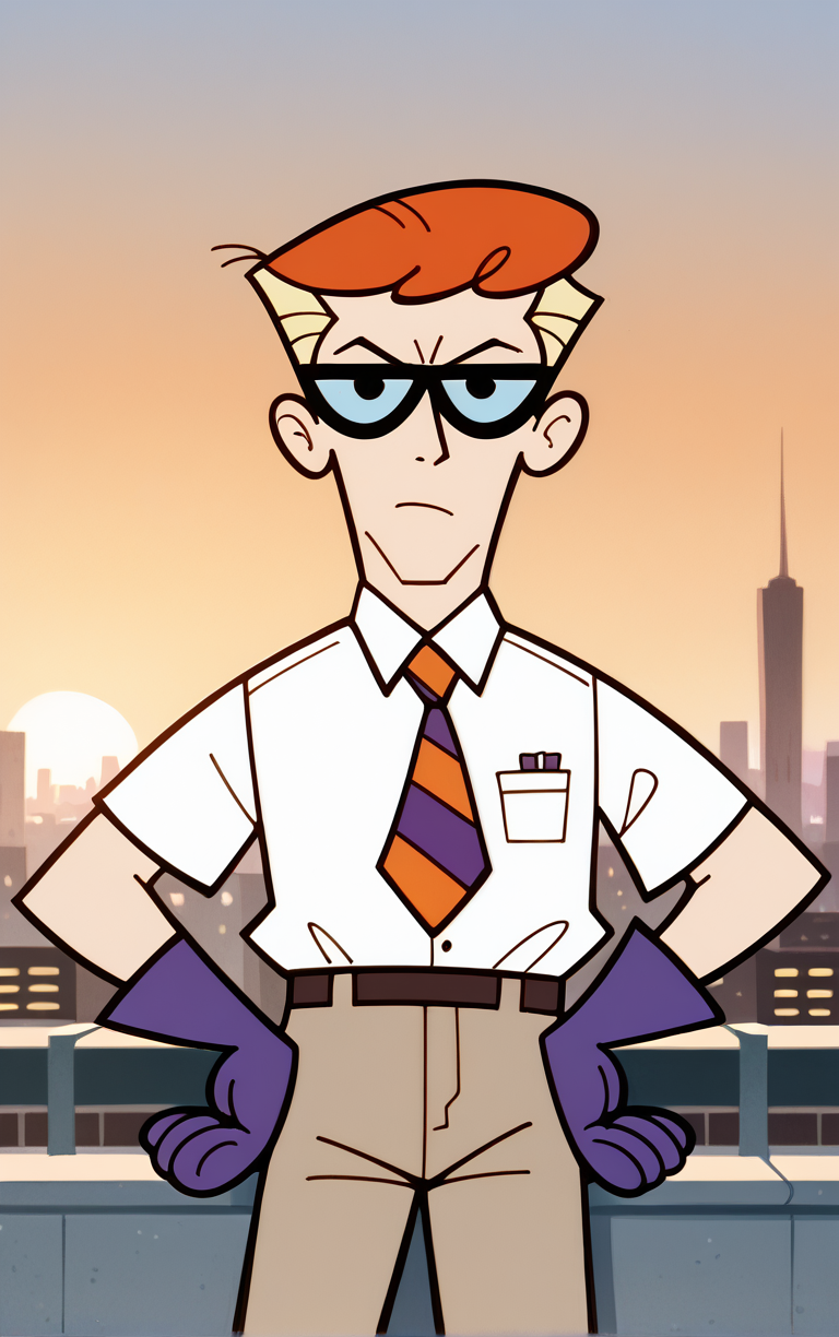 score_9, score_8_up, score_7_up, looking at viewer,  BREAK
PONYXL_STYLE_DextersLaboratory_ownwaifu,
1boy, male focus, parody, short hair, glasses, shirt, white shirt, purple gloves, pants, collared shirt, necktie, chibi,
(contrapposto, hand on hip), sunset, sidelighting, cityscape, outdoors, <lora:PONYXL_STYLE_DextersLaboratory_ownwaifu:1> , depth of field, solo,