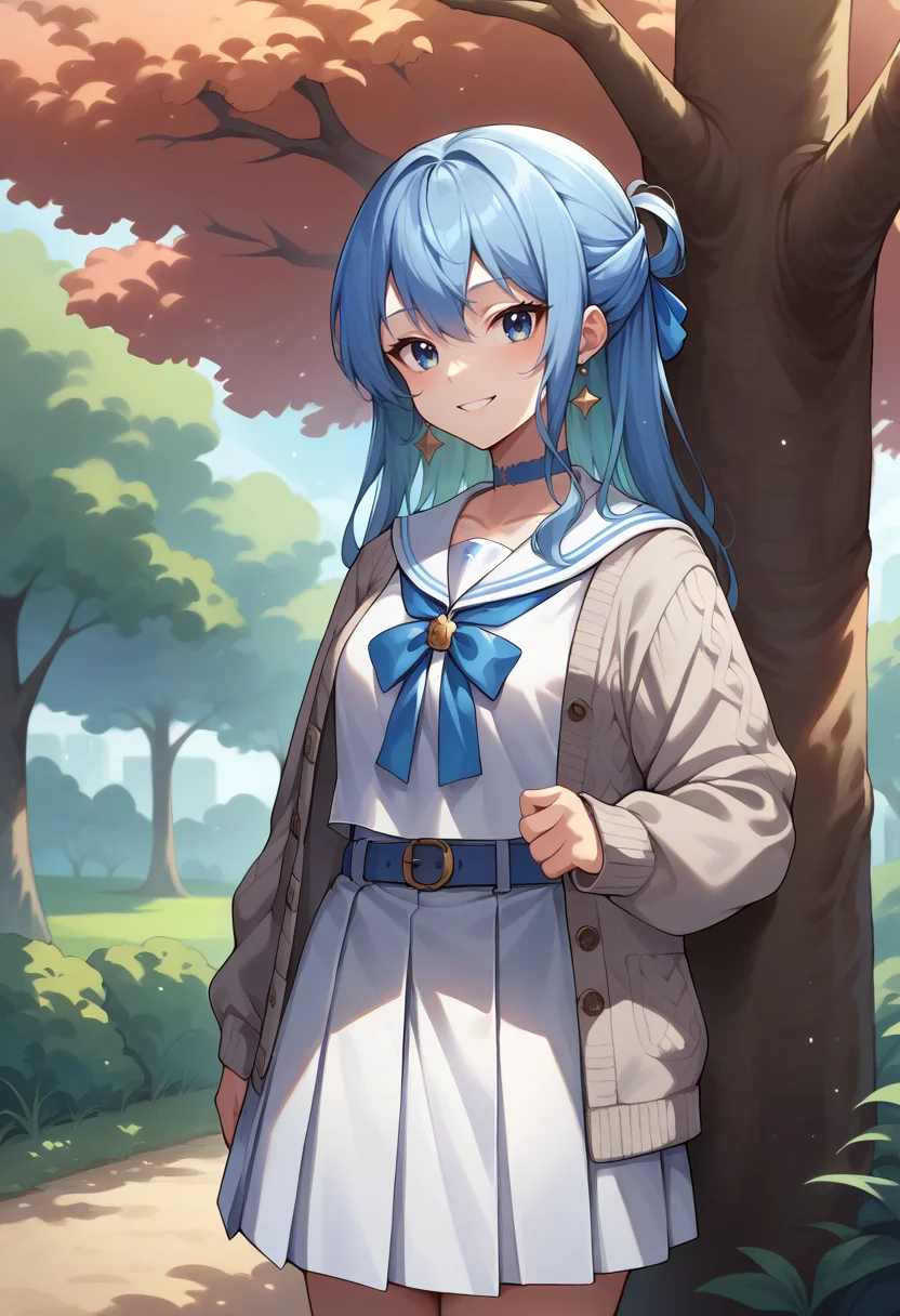 score_9, score_8_up, score_7_up, SuiseiSchool, long hair, half updo, white serafuku, blue choker, blue bowtie, blue belt, white skirt, grey cardigan, open cardigan, smile, outdoors, tree, <lora:CHAR-HoshimachiSuiseiPonyXL:1>