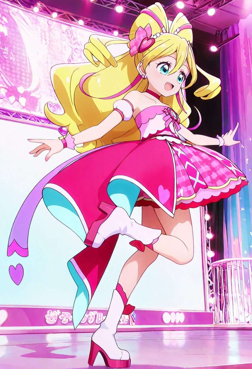masterpiece, best quality, absurdres, very aesthetic, general,
cure idol, 1girl, blonde hair, solo, pink bow, heart hair ornament, blue eyes, smile, open mouth, knee boots, hair bow, drill hair, wrist cuffs, :d, standing, looking at viewer, twin drills, streaked hair, pink choker, pink skirt, ponytail, eyepatch, outstretched arms, standing on one leg, two-tone hair, multicolored hair, white footwear, high heel boots, heart earrings, leg up, layered skirt, pink footwear, spread arms, stage, big hair, plaid skirt, dancing, hair ribbon, pink hair, two side up, full body, pink dress, layered dress, eyelashes, very long hair, stage lights, aqua eyes, half updo, from side, happy, frills, outstretched arm, strapless, purple background, bare shoulders, shiny hair, hair between eyes, pink theme, back bow, looking back, huge bow, puffy short sleeves, pink ribbon, pink legwear, multicolored clothes, bracelet, collarbone, pink nails, floating hair, miniskirt, petticoat, lights, waist bow, detached sleeves, hair rings, heart brooch, looking to the side, curly hair, quad tails, short dress
<lora:cure_idol_sakura_uta_illustXL_locon_v1:0.8>
