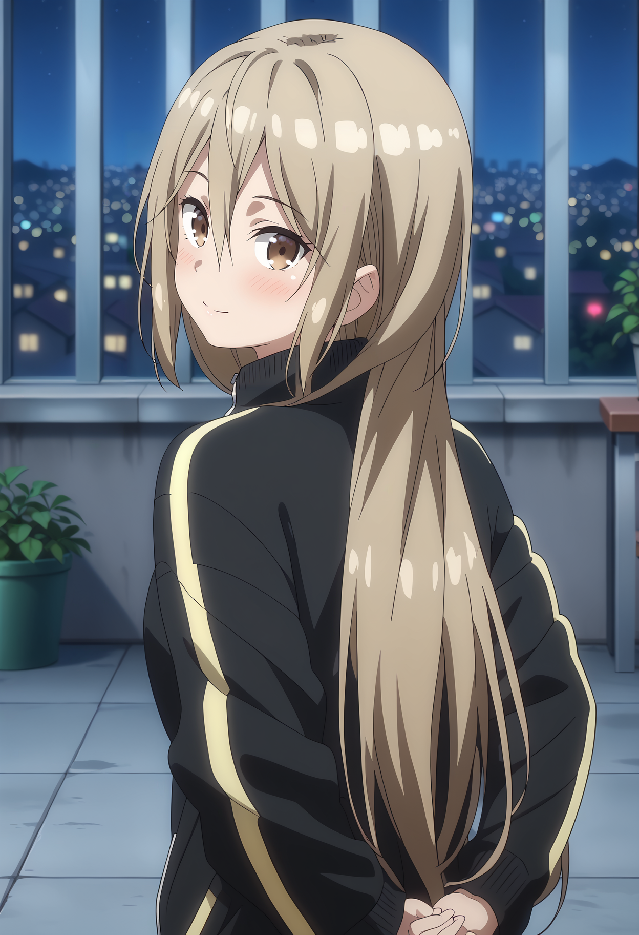 anime screencap,
<lora:OneRoom_KotokawaAkiraXL:0.9>,
1girl, solo, closed mouth, light smile, blush, head tilt,
long hair, light brown hair, hair between eyes, brown eyes, mole on neck,
AkiraGym, naked jacket, track jacket, black jacket, long sleeves, zipper,
looking back, arms behind back, standing, looking at viewer,
rooftop, night, dark, plants, bokeh, cityscape, city lights, outdoors,