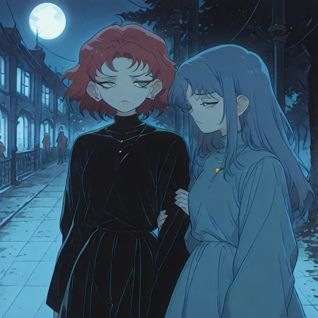 highres, best quality, masterpiece, sad,1girl,Night has fallen,casting a dim and tranquil light. Two figures are side - by - side along a pathway. One person affectionately has their arm around the other,suggesting a close bond and companionship. The surrounding trees stand silently,creating a natural enclosure. In the distance,streetlights glow faintly,adding a touch of warmth to the nocturnal scene. Other people can be vaguely seen,further emphasizing the peaceful and ordinary yet endearing nature of this moment.,dress,Medium length skirt,in summer,moon,1boy,The back of the person,back,watercolor \(medium\),, g0thic, neon,, Vintage, 1990s \\(style\\), ArsMJStyle, Colored pencil hyperdetailed realism, Jean Grey, Long red hair, Green eyes, Athletic build, Defined cheekbones, Full lips, Mature, serious appearance, Iconic green-and-gold Phoenix costume with a stylized emblem, euphorianic, coco \(euphorianic\)