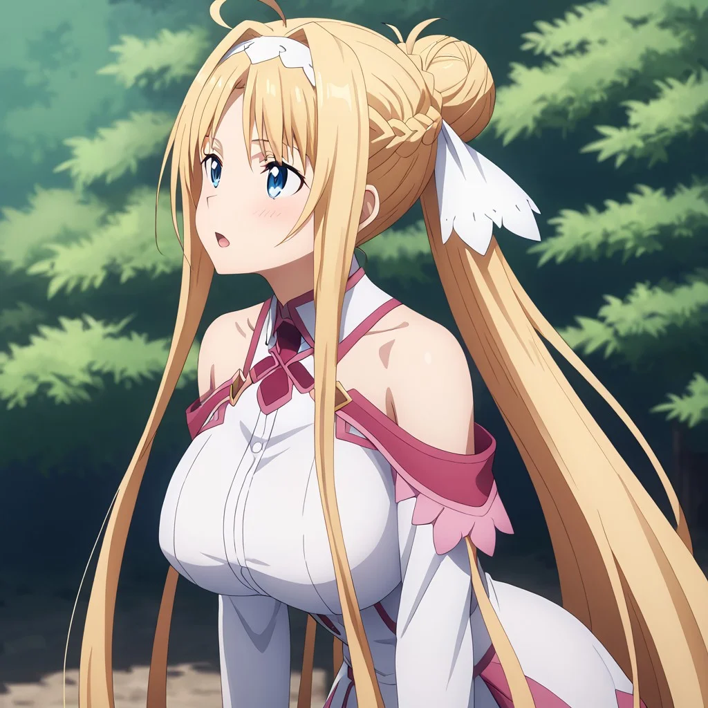 (masterpiece), best quality, perfect eyes, expressive eyes, perfect face, expressive face, perfect hands, (((((detailed hair))))), (((perfect eyes))), perfect legs, (((1 Girl))), (Sylpha), very long hair, blue eyes, huge breasts, blushing, (((aroused))), moaning, blonde hair, very long hair, hair up, (hair bun), folded ponytail, ((long sidelocks)), ahoge, blonde hair, blue eyes, hair between eyes, bangs, ((white hairband)), (((hair ribbon))), (((((view up close))))), view from side, outdoors, forest, trees, stacia, (((((absurdly long hair))))), blue eyes, long hair, parted bangs, blonde hair, very long hair, very long sidelocks, braid, hair up, ((hair bun)), (ponytail), hair ribbon, alice zuberg, blue eyes, parted bangs, blonde hair, very long hair, very long sidelocks, braid, hair up, ((hair bun)), (ponytail), astnig, asuna \(sao\), (((((absurdly long hair))))), blue eyes, parted bangs, blonde hair, very long hair, very long sidelocks, braid, hair up, ((hair bun)), (ponytail), hair ribbon, off shoulder, long sleeves, halterneck, ribbon trim, white nightgown, two-tone dress, (((pink trim))), layered skirt,