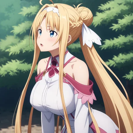 (masterpiece), best quality, perfect eyes, expressive eyes, perfect face, expressive face, perfect hands, (((((detailed hair))))), (((perfect eyes))), perfect legs, (((1 Girl))), (Sylpha), very long hair, blue eyes, huge breasts, blushing, (((aroused))), moaning, blonde hair, very long hair, hair up, (hair bun), folded ponytail, ((long sidelocks)), ahoge, blonde hair, blue eyes, hair between eyes, bangs, ((white hairband)), (((hair ribbon))), (((((view up close))))), view from side, outdoors, forest, trees, stacia, (((((absurdly long hair))))), blue eyes, long hair, parted bangs, blonde hair, very long hair, very long sidelocks, braid, hair up, ((hair bun)), (ponytail), hair ribbon, alice zuberg, blue eyes, parted bangs, blonde hair, very long hair, very long sidelocks, braid, hair up, ((hair bun)), (ponytail), astnig, asuna \(sao\), (((((absurdly long hair))))), blue eyes, parted bangs, blonde hair, very long hair, very long sidelocks, braid, hair up, ((hair bun)), (ponytail), hair ribbon, off shoulder, long sleeves, halterneck, ribbon trim, white nightgown, two-tone dress, (((pink trim))), layered skirt,
