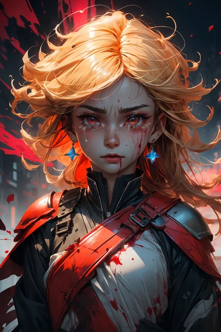 blond hair, long hair, freckles, earrings,
(upper body:1.1), (particles:1.2), (sparkles:1.1), flames, (tears:1.3), (crying:1.2), (wet face:1.1),
(torn clothes:1.2), abstract, (red lighting:1.2), knight armor, armor, (bloody face:1.2), (blood:1.1), scars, (war in the background:1.1),
<lora:more_details:0.3>
<lora:Cosmic anime-oil fusion v2:0.3>
<lora:AnimeVibesV3:0.25> animevibes,
<lora:3DMM_V11:0.35> 3DMM
<lora:midjourney_20230624181825:0.35> midjourney ,
<lora:LAS:0.4> (colorful:1.1),
<lora:msw_locon-t2:0.3>
<lora:wuxia2:0.4> gu, shiny, shiny hair, shiny skin, shiny clothes