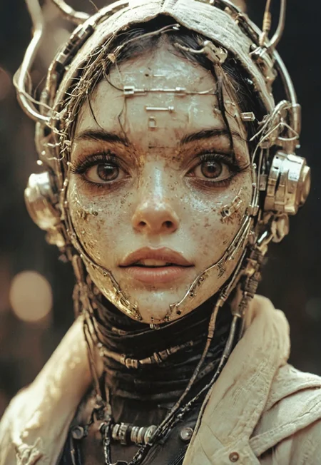 dim light, low light, dramatic light, partially covered in shadow, photo in phst artstyle, mechanical parts, wires, cables, cyberpunk, closeup portrait of shy smiling spaceage bedouin freckled horned gambler with a half robot face, blue lipstick, black skin, vibrant pink/white colored, closeup photo of an wired-cyborg assassin with half robot face wearing a black high collar parka, solo, woman, high collar parka, upper body,, female focus, crepuscular rays, volumetric lighting, ultra detailed, deep Blacks, very detailed, atmospheric haze, Film grain, cinematic film still, shallow depth of field, highly detailed, high budget, cinemascope, moody, epic, OverallDetail, 2000s vintage RAW photo, photorealistic, candid camera, color graded cinematic, eye catchlights, atmospheric lighting, imperfections, natural, shallow dof