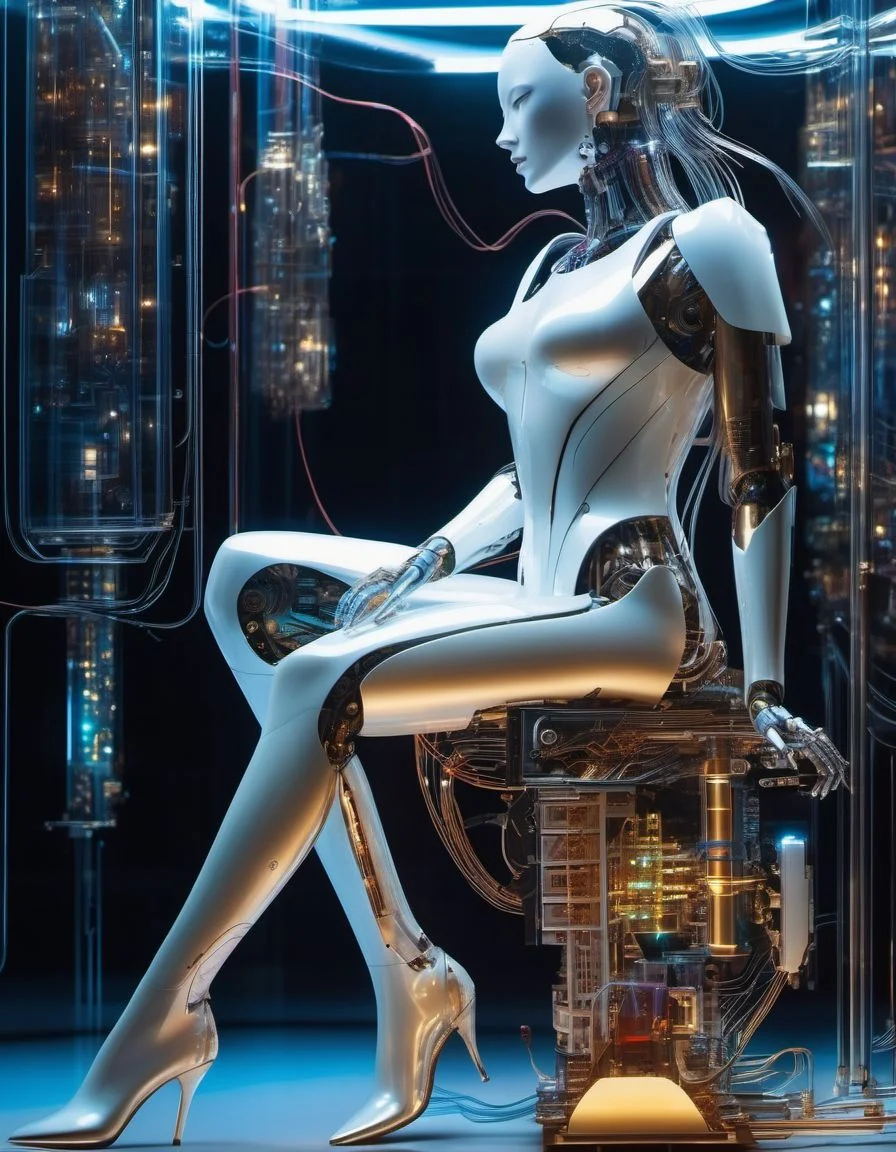 ((from side)), the ghost of the human spirit seeping from the heart of a robotic cyborg woman, holograms, transparent, machine parts, wires, circuitry, ADDBASE
((from side)), torso of a cybernetic robotic cyborg woman, a ghost emerging from her heart, eyes agape, terrified, porcelain metal skin, ADDROW
((from side)) legs of a cybernetic robotic cyborg woman, boots, (heels), holograms, machine parts, wires, circuitry, holographic, fractal, (Ascii Art:1.3),