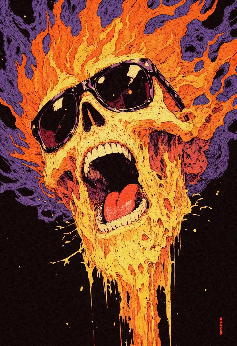 Illustration in the style of cksc of a skull on fire with a molten beard wearing sunglasses, screaming while suspended in a void.