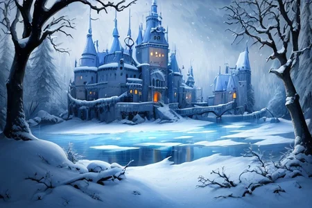 (masterpiece:1.2), (best quality,:1.2), 8k, HDR, ultra detailed, ((photorealistic)), professional light, cinematic lighting, fashion photography, ambient lighting, <lora:detail_slider_v4:2>, Ice, <lora:RealmsOfIce:1>, a sinister castle in a magical lake, snowy landscape, dark forest in the background, epiCPhoto