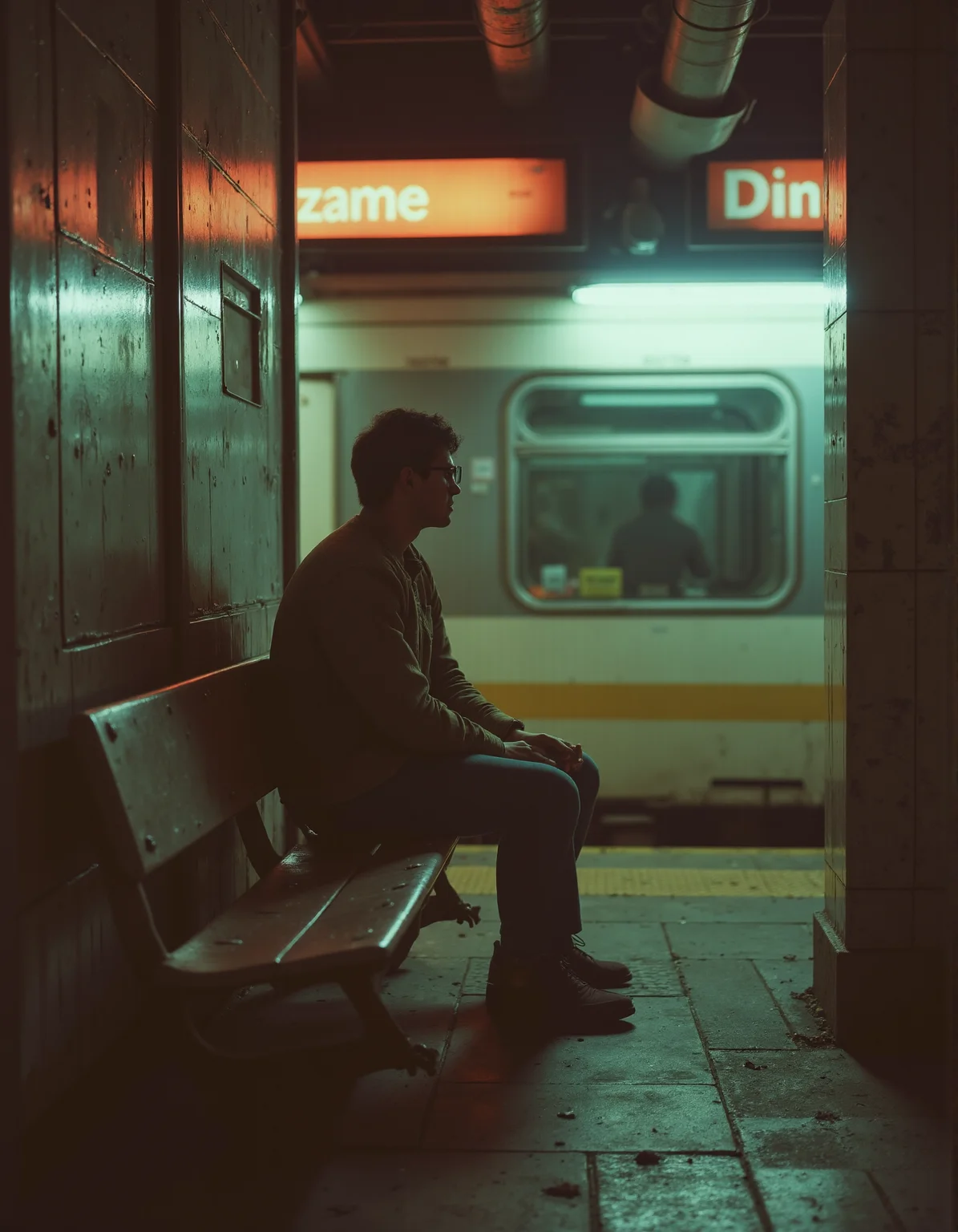 A man waiting on the train in a subway. <lora:retrograde-80s:0.8> retr0grade80s