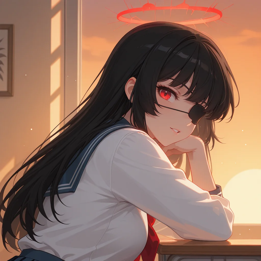 (((ultra-HD, intricate textures, luminous lighting, cinematic ambiance, shimmering gradients, ethereal glow, deep contrast, soft volumetric fog, subtle particles, radiant reflections, rich color tones, seductive atmosphere, captivating sensuality, Cinematic Lighting,Shadow,backlit, backlighting))), ((udr, 8k, uhd)), 
<lora:sk-rosadame_evelyn-v1x1-10:0.8> sk-revelyn, 1girl, black hair, red eyes, school uniform, looking back, teeth, parted_lips, relaxing, sunset, no halo, eyepatch,