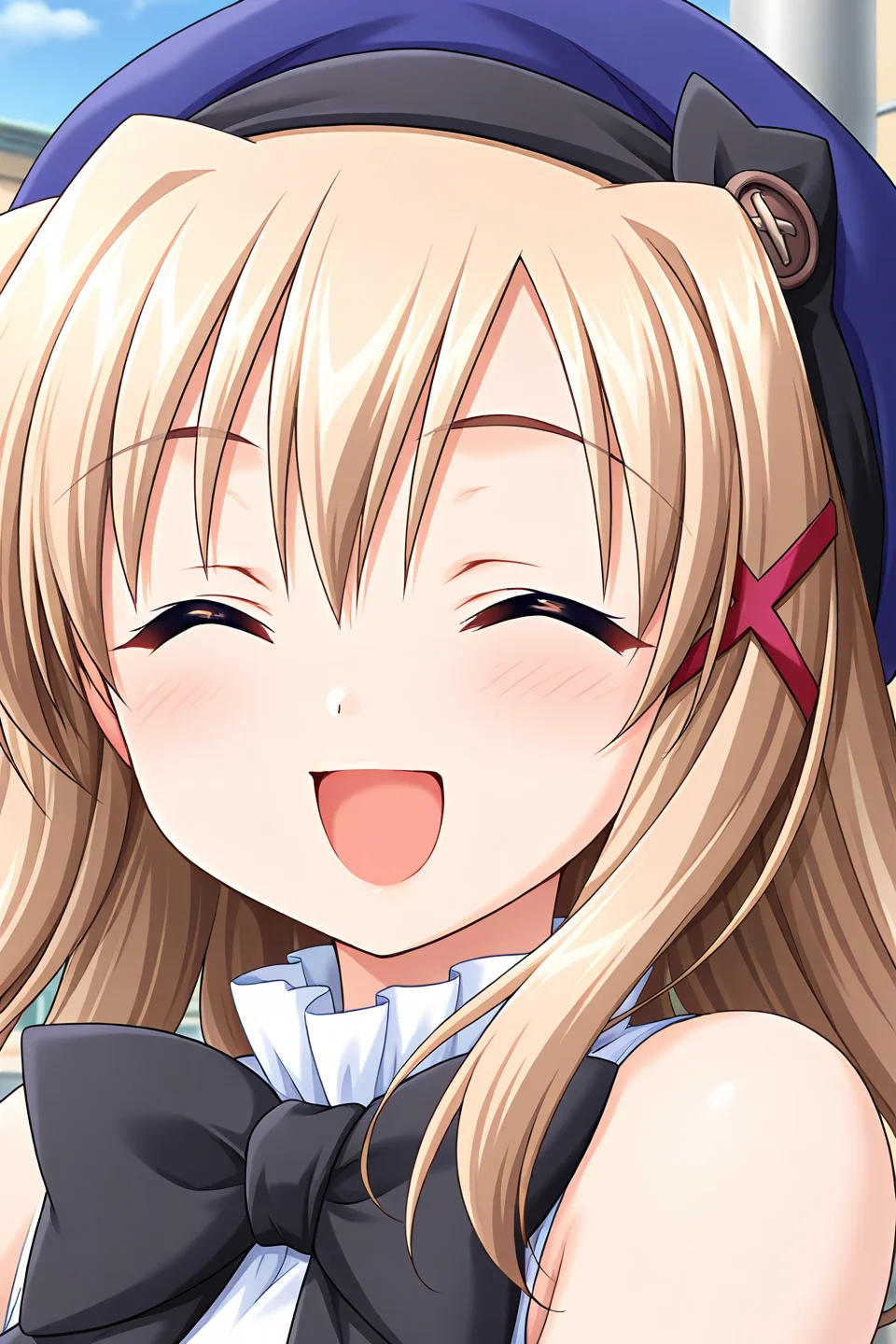 masterpiece, best quality, absurdres, official art, official style, general BREAK <lora:komatsuasuka_IL_v1-2:0.7>, komatsu asuka, 1girl, solo, purple eyes, light brown hair, long hair, hair between eyes, messy hair, x hair ornament, school uniform, beret, blue headwear, hat ribbon, black ribbon, sleeveless shirt, frilled shirt collar, bare arms, black bowtie, white sleeveless, upper body, close-up, portrait, outdoors, day,
blush, :d, ^o^, bare shoulders, closed eyes, facing viewer, happy, open mouth, smile, happy smile
