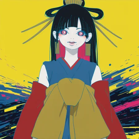 expressionist Darkfall Sandman, speed paint, score_9, score_8_up, score_7_up, score_6_up, score_5_up BREAK t1u5, 1girl, mole under mouth, colored sclera, pink eyes, symbol-shaped pupils, long hair, black hair, blue kimono, sleeveless, earrings, hair stick, hime cut, sidelocks, hair ornament, colored inner hair, yellow obi, red sleeves, detached sleeves, cowboy shot, pale skin, looking at viewer, solo, <lora:tukiGirlPDXL16v0.95cametx1:0.9>, glitch style, detailed, dynamic, raw, emotional, dynamic, distortion for emotional effect, vibrant, use of unusual colors, detailed