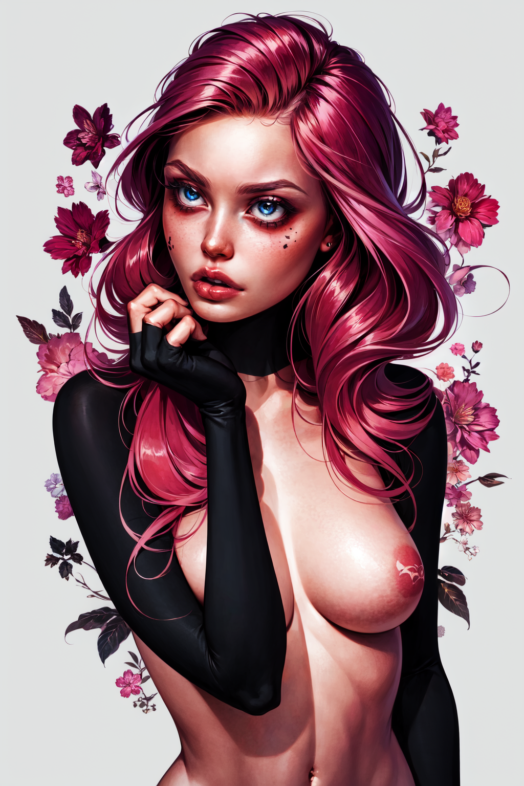 1girl, pink hair, colorfull flowers  tattoo on the neck, lips black tattoo <lora:Laura_style:1>