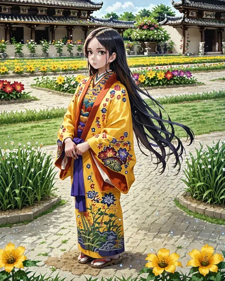 1girl, ryusou, long hair, jacquard fabric, light particles, intricate patterns, (patterned fabric:1.2), flower garden, grass, lawn, masterpiece, very detailed, highest quality, digital art, <lora:Ryusou_XL:1.2>, <lora:OtherStyle_08-Merge5_06_04_02_02:1>, score_9, score_8_up, score_7_up