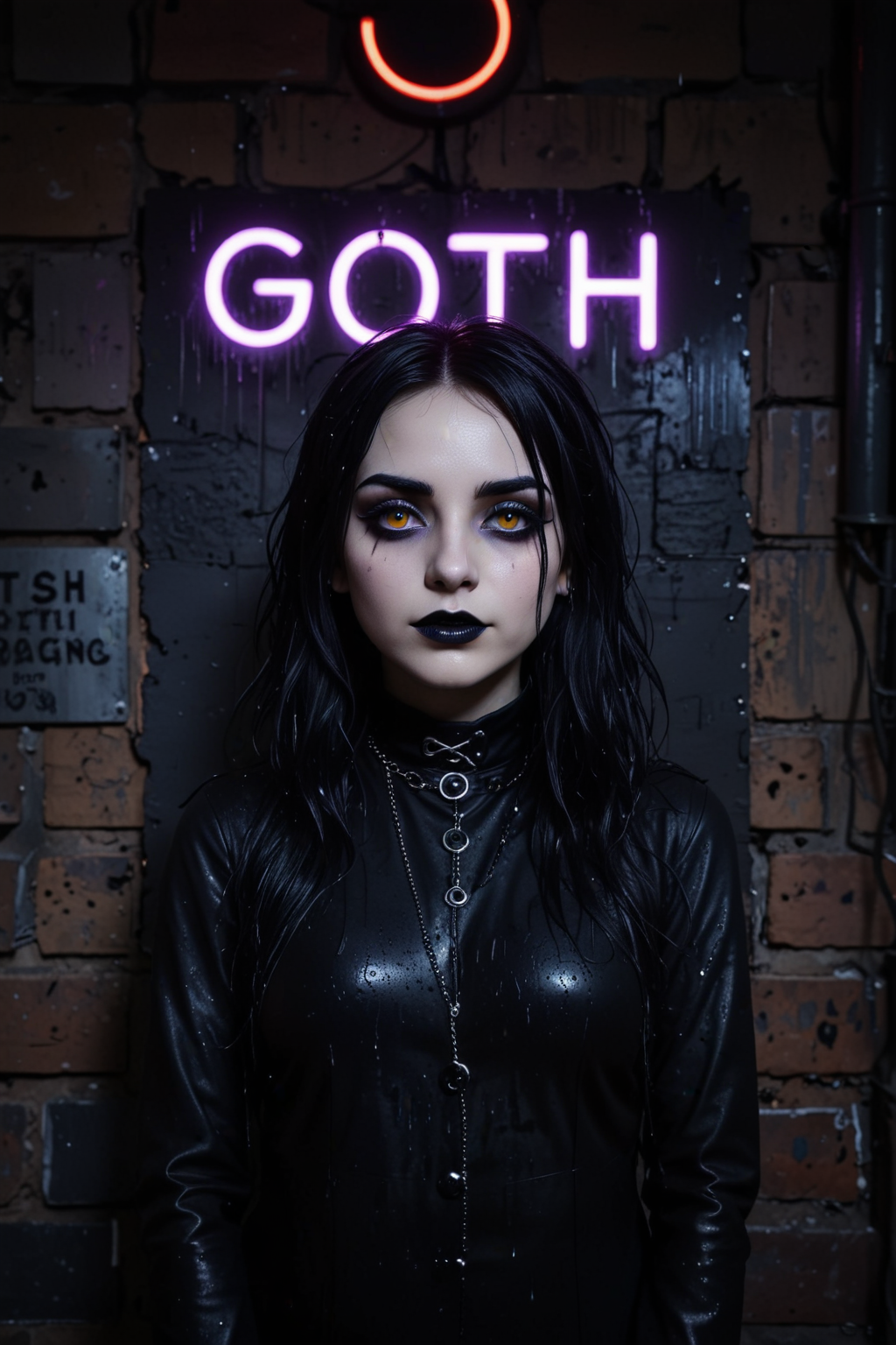 <lora:Flux-style-xl-lora:0.3> flux-style, (black neon sign on the wall saying ""Goth"":1.5), A detailed analog photograph of a Goth woman, standing in a dark alley at night, raining, wet hair, streaked black mascara under eyes