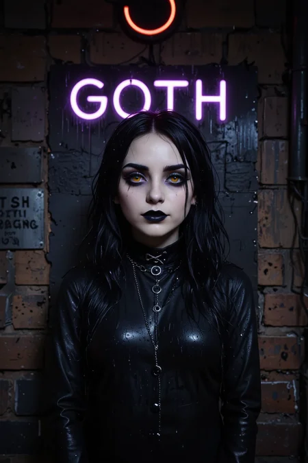 <lora:Flux-style-xl-lora:0.3> flux-style, (black neon sign on the wall saying ""Goth"":1.5), A detailed analog photograph of a Goth woman, standing in a dark alley at night, raining, wet hair, streaked black mascara under eyes