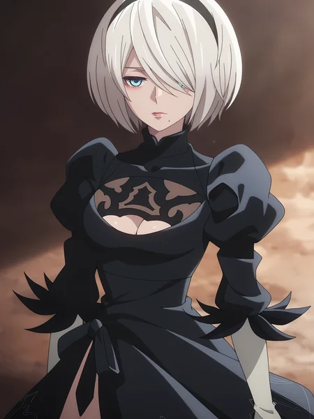 masterpiece,best quality,amazing quality, <lora:2B_Character:0.8>, yorha_no._2_type_b, 1girl, solo, blue eyes, hairband, silver_hair, short_hair, no_blindfold, mole_under_mouth, black_dress, puffy_sleeves, feather-trimmed_sleeves, long_sleeves, cleavage_cutout, clothing_cutout, medium_breasts, white_leotard, vambraces, gloves, close up