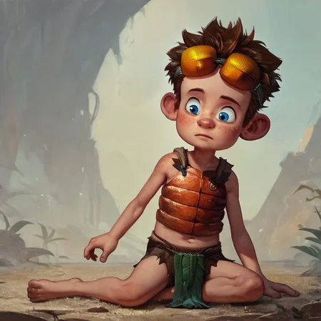 lucasnickle, freckles, blue eyes, brown hair, spiky hair, messy hair, loincloth, navel, barefoot, chest piece, 1boy, solo, male child, male focus,, source_cartoon, rating_safe, , score_9, score_8up, score_7up, score_6up, score_5up, orange goggles