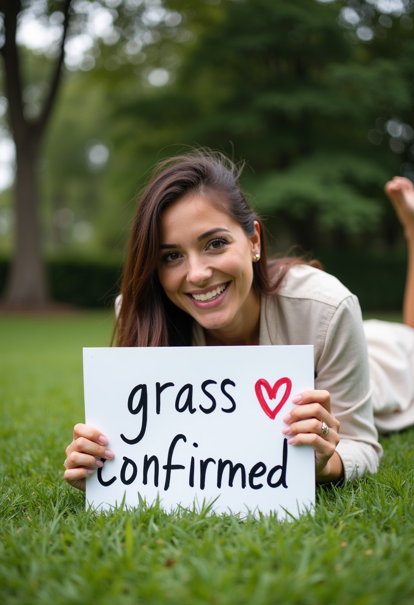 Woman laying on grass holding sign that says "grass confirmed ✅"