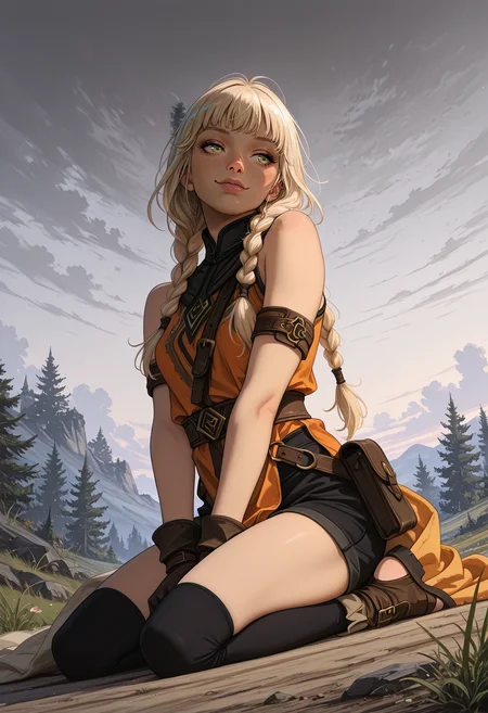 realistic, very awa, ambient occlusion, ray tracing, [sei shoujo], [yoshiten], [takeuchi takashi], [libbyframe], style parody, [bang dream!], [arcane: league of legends], [league of legends], saturated, colorful, (dynamic angle:1.3), (cowboy shot:1.2) BREAK 1girl, solo, <lora:human:0.7> human, european appearance, light ash_blonde hair, long loose braids hair, green eyes, (beige skin:1.2), fit body, small breasts, perfect hands, matte lips, (suspicious), peeking,forced smile BREAK dancer, wearing sleeveless (detailed orange fabric tabard), armbands and gloves,, shoulder belt, black lowleg shorts, botanical print black cotton over-kneehighs, black leather toeless ankle boots,, <lora:dancer:0.5> BREAK medieval, fantasy, outdoors, detailed landscape, frozen tundra, rocks,grass, sitting, seiza , arms relaxed, on grass, blanket, summer, evening, warm soft light, long shadows, grey sky, overcast, cloudy sky,, volumetric lighting BREAK <lora:DetailerILv2-000008:0.9> Jeddtl02 <lora:DarkerThanDarkIllustriousV1:0.5> <lora:Sketchy_Pinup_Style_Illu_Edition:0.7> SP-Illu <lora:E-Girl_PFP_Style:0.6> EGirlPFP