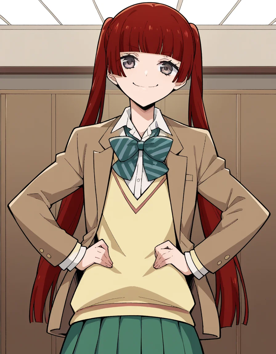 score_9, score_8_up, score_7_up, source_anime, <lora:n-arisugawa-oc-ponyxl-lora-nochekaiser:1>, n-arisugawa, long hair, red hair, bangs, blunt bangs, hime cut, grey eyes,, twintails, skirt, long sleeves, school uniform, jacket, miniskirt, green skirt, blazer, brown blazer, sweater vest, yellow sweater vest, bowtie, green bowtie, striped bowtie, collared shirt,, indoors, smug, smile, looking at viewer, solo, hands on hips,, cowboy shot, dutch angle