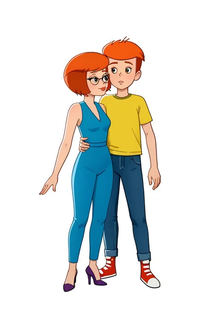score_7, score_8, 2d, cartoon, flat colours, prostokvashino, rimma, fyodor, couple, boy and girl, 
(1girl, girl in blue bodysuit, high heels, short hair, red hair, girl in cateye glasses, purple shoes, )
(1boy, boy in yellow shirt, jeans and red footwear, boy with short orange hair, red sneakers, )
couple posing on white background,
