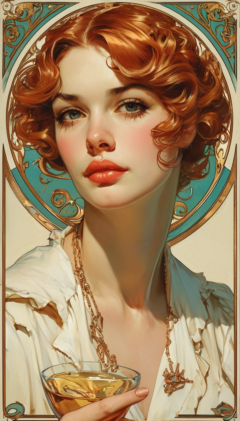 superflat, 2d, vector illustration, anime comic, broad line hatching, storybook, art deco art nouveau ornate by Mads Berg and Tamara de Lempicka, art Deco painting, fashion vintage poster, a stunning 1900s ginger woman drinking some wine, pinup poster by Leyendecker