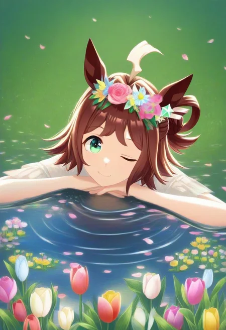 (umamusume, rhein_kraft_(umamusume), horse_ears, horse_girl, tail, 1girl, ahoge, animal_ears,)
casual, Tulip,Tulip flower, Tulip flower_field, 
head_wreath, looking_at_viewer,  solo, aesthetic, absurdres, symmetric , , g0ldsw0rthy,
(realistic, photo,  artistic, medium_hair, one_eye_closed, petals, relaxing, smile, spiralling vortex made of multicoloured tulips, lush foliage sunrise,  ripples, reflective, jaynl-tm, rainbow,green_eyes, hair_between_eyes, hair_ornament,  : 0.7)