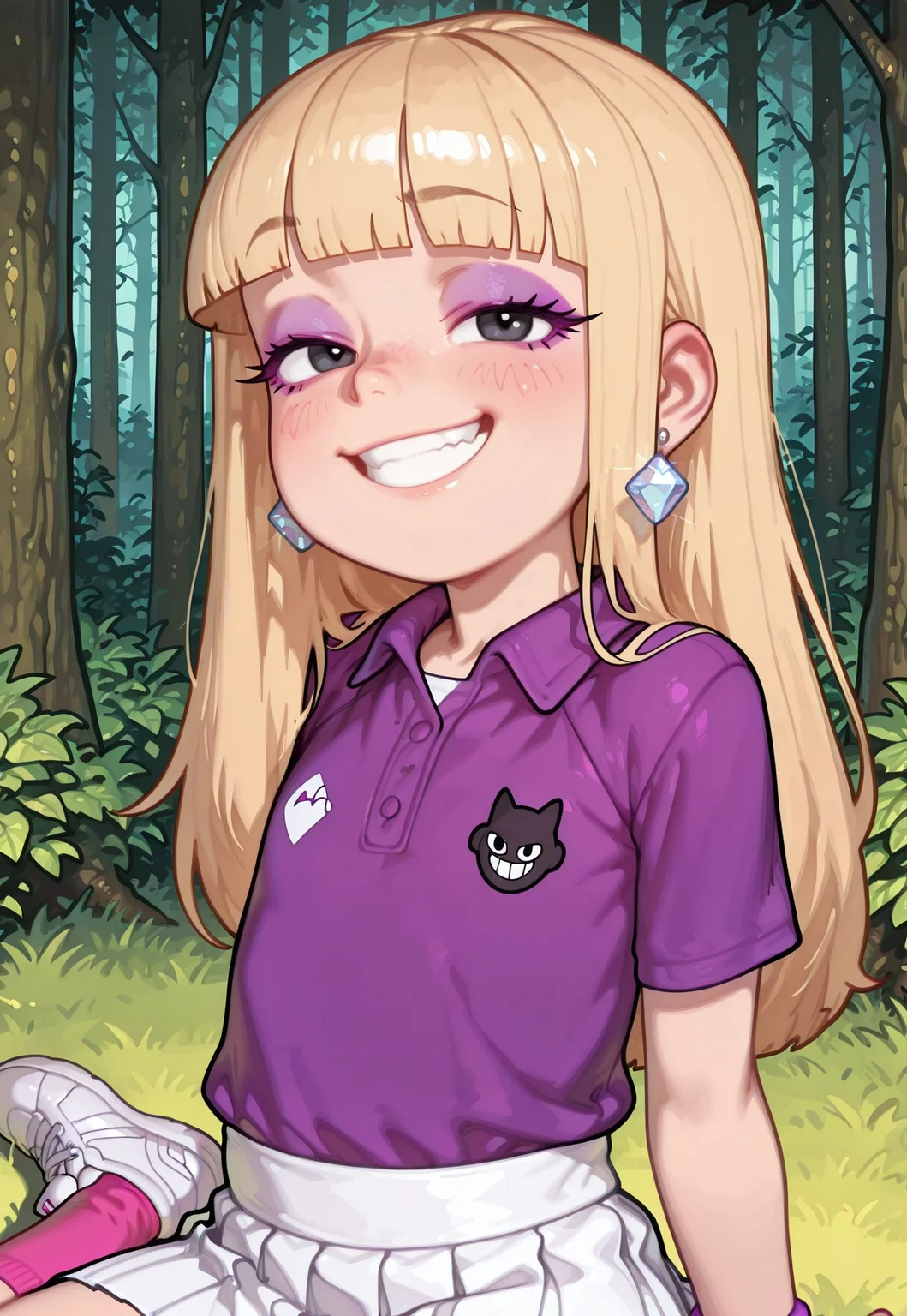 4k, fine detail, high quality eyes, masterpiece, best quality, amazing quality, newest, CG, illustration, very aesthetic, high resolution, geh1, 4s0r4, eigaka, possmach, artist:moriimee, 1 girl, solo girl, young, pacificagf, long hair, blonde hair, blunt bangs, eyelashes, black eyes, purple eyeshadow, single diamond earrings, purple polo shirt, monogram shirt, purple wristband, white pleated skirt, pink socks, white golf shoes, sitting, smug, grin, blush, upper body, portrait, forest, three,