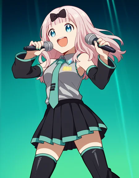 score_9, score_8_up, score_7_up, source_anime, chikafujiwara, <lora:chika-fujiwara-s3-ponyxl-lora-nochekaiser:1>, chika fujiwara, long hair, bangs, blue eyes, bow, pink hair, hair bow, blunt bangs, black bow,, <lora:hatsune-miku-cosplay-ponyxl-lora-nochekaiser:1>, hatsunemikucosplay, hatsune miku \(cosplay\), aqua necktie, black footwear, black skirt, black sleeves, boots, collared shirt, detached sleeves, grey shirt, necktie, pleated skirt, shirt, skirt, sleeveless, sleeveless shirt, thigh boots, tie clip,, stage, stage lightings, singing, microphone, holding microphone, open mouth, smile,, cowboy shot, dutch angle,