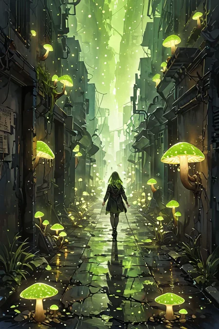 detailed background,Cinematic Lighting,film grain,score_9,score_8_up,score_7_up,masterpiece,best quality,highly detailed,
<lora:(增强)sdxl_lightning_8step_lora:1>,<lora:glowneon_xl_v1:1>,glowing,<lora:ExpressiveH:0.8>,Expressiveh,<lora:(增强)Hands XL 4:1>,hand person,<lora:ArsMJStylePony - Watercolor:0.4>,arsmjstyle,watercolor,
(Dark Street Alley:2),(hyper detailed:2),(ultra sharp focus:2) night,dark:2,(glowing bioluminescence:2),small green mushrooms,glowing,(abandoned:2),earth element,water element,bones,(glowing moss:2),(glowing small green mushrooms:2),(small glowing dots:2),(glowing green particles:2),glowing particles,(glowing mushrooms:2),dynamic angle,(best quality:1.9),(masterpiece:1.9),(highest detailed:1.9),(angle:1.9),pov,perfectly lighted,(contrast),(saturated),(((sharp focus))),