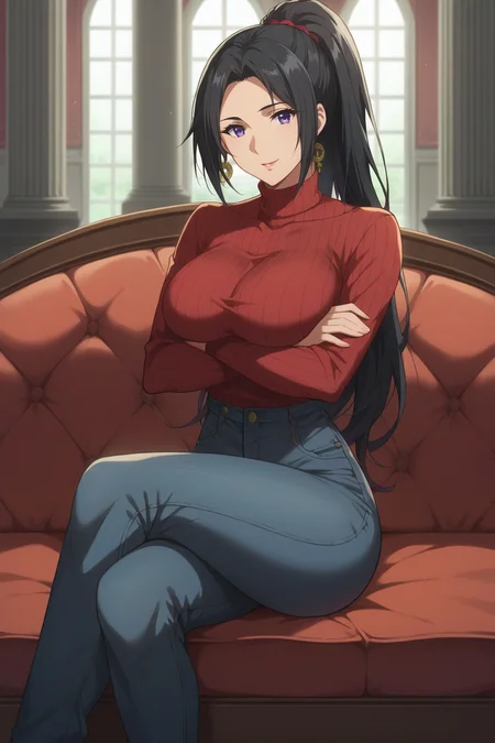 score_9, score_8_up, score_7_up, source_anime, 1girl, prefect lighting, very aesthetic, intricate details, highly detailed background, masterpiece, high quality, prefect hands, best quality, solo,
<lora:Cattleya_Baudelaire_Violet_Evergarden_V1:.8>, KJOcattleya, black hair, purple eyes, long hair, parted bangs, ponytail,
high waist jeans, turtleneck sweater, long sleeves,
sitting on couch, crossed legs, crossed arms, head tilt, seductive smile,
mansion, pillars, tile floor, red couch,
(Beautiful, large Breasts:1.2), natural breasts,