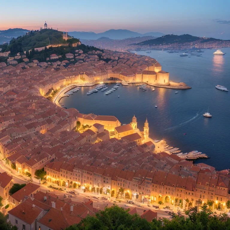 highly detailed evening cityscape of Dubrovnik, Croatia, hd, trending on artstation, volumetric lighting, dof, <hypernet:longexposure:1>