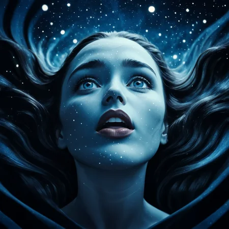 <lora:Geometric_Dreamlike_Movie_r1:1> 1girl, solo, blue theme, monochrome, lips, nose, open mouth, star (sky), looking up, portrait, ArsMovieStill, A dreamlike movie still, The image is a digital art piece that appears to be a portrait of a woman's face. The woman's head is tilted slightly to the side with her eyes closed and her head tilted upwards. She has long wavy hair that is flowing in the wind. The background is dark and filled with small white dots creating a starry night sky. The overall mood of the image is dreamy and ethereal. The image has a dark and mysterious feel to it.