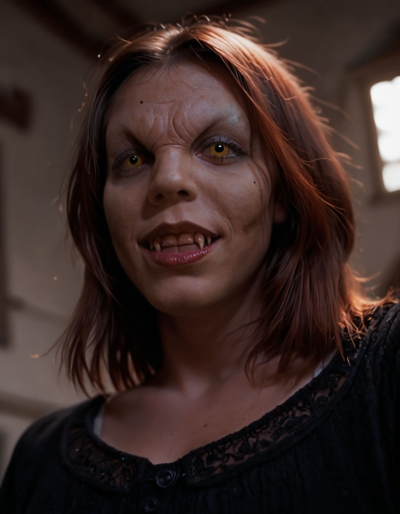 score_9,score_8_up,score_7_up,vmp,1girl,willow,red hair,medium hair,realistic skin,from below,portrait,yellow eyes,teeth,fangs,solo focus,looking at viewer,photo,realistic,dramatic lighting,chiaroscuro,depth of field,cinematic,cemetery,standing