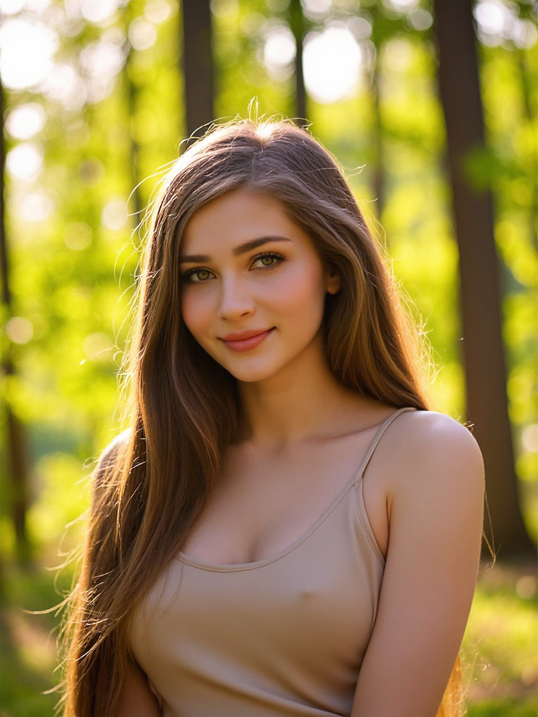 Professional photo of Sharisha with long, straight hair, standing outdoors in a forested area bathed in warm, golden sunlight. She has fair skin, and is wearing a sleeveless, summer top that reveals her shoulders. She gazes directly at the camera with a gentle, inviting smile, exuding a serene and confident demeanor. The background is softly blurred, highlighting the lush greenery of the forest with tall, slender trees and sunlight filtering through the leaves, creating a dappled, ethereal effect. The image has a soft focus, emphasizing the subject while the background is slightly out of focus, giving it a dreamy, almost surreal quality. The overall mood is tranquil and natural, with the warm hues of the sunlight and the cool tones of her hair contrasting beautifully. The photograph is likely taken during late afternoon or early evening, indicated by the soft, diffused light.