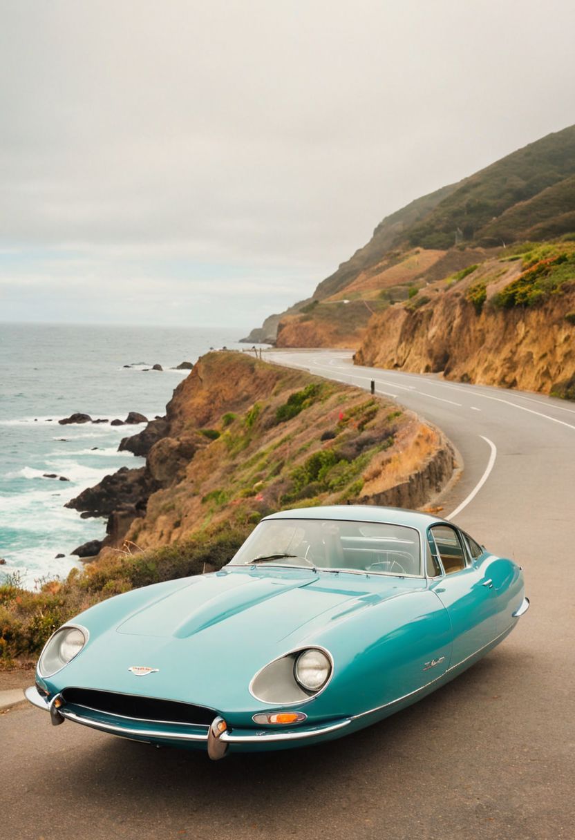 (low angle shot:1.4), an editorial photo of a 1960s sports car style Hovering_Car parked in by a coastal road with the Pacific ocean in the background, highly detailed, retro futurism, clean lines, fine art photography, award winning photography, film grain,