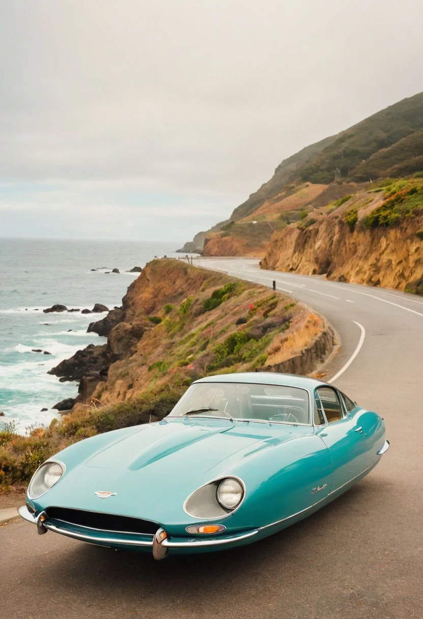 (low angle shot:1.4), an editorial photo of a 1960s sports car style Hovering_Car parked in by a coastal road with the Pacific ocean in the background, highly detailed, retro futurism, clean lines, fine art photography, award winning photography, film grain,
