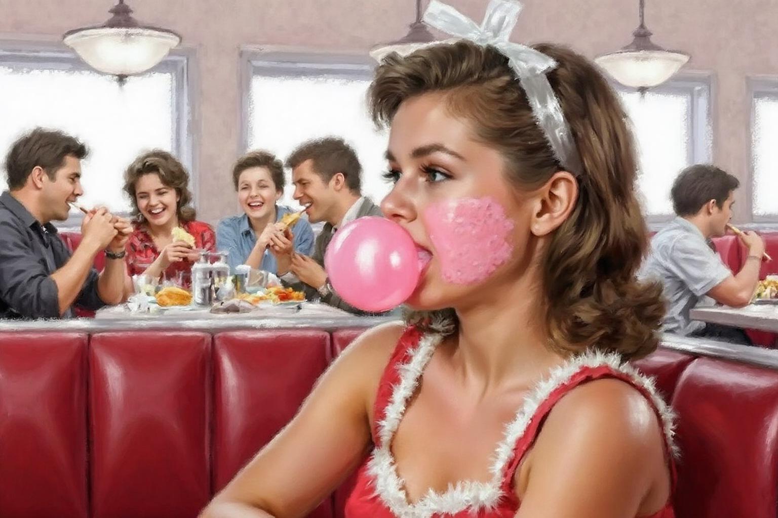richardmacneil1 painting. 
Close up of a woman whose face is covered in pink bubble gum, sitting on the right in a diner in 1953. She has should length hair held with plastic Alice band. The diner has red booths and is full of people lauging and eating. <lora:richardmacneil1_cap_d8a4e11:1.0><lora:853283552777768907:0>