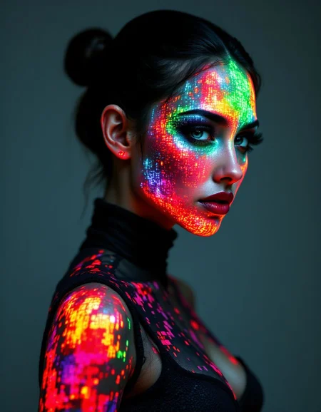 cybernetic style futuristic style Futurism Art Style, This is a high-resolution photograph of a woman with a striking, futuristic appearance. Her face and body are covered in a glowing, pixelated pattern of vibrant colors, including red, orange, yellow, green, blue, and white, which creates a mesmerizing, almost holographic effect. The colors are arranged in a complex, abstract design, with some areas of the pattern appearing more densely packed than others. Her skin is smooth and flawless, accentuated by the contrast of the glowing pixels.
The woman has a slender build and is wearing a form-fitting, black bodysuit that mirrors the pixelated pattern, seamlessly blending with the light show. Her dark hair is pulled back into a sleek, low bun, and her eyes are strikingly blue, complemented by thick, dark eyelashes. She has full, red lips that stand out against the colorful background.
The background is a dark, neutral color, which allows the glowing pixels to be the focal point. The lighting is soft but intense, casting shadows that enhance the depth and dimension of the image. The overall style of the photograph is modern and avant-garde, blending elements of technology and fashion into a visually stunning and thought-provoking composition. <lora:aidmaFLuxPro1.1_v0.3:1>, ((intricate details)), hdr, ((intricate details, hyperdetailed)), dynamic, dramatic, Futurism Art Style . sleek, modern, ultramodern, high tech, detailed . futuristic, technological, cybernetic enhancements, robotics, artificial intelligence themes