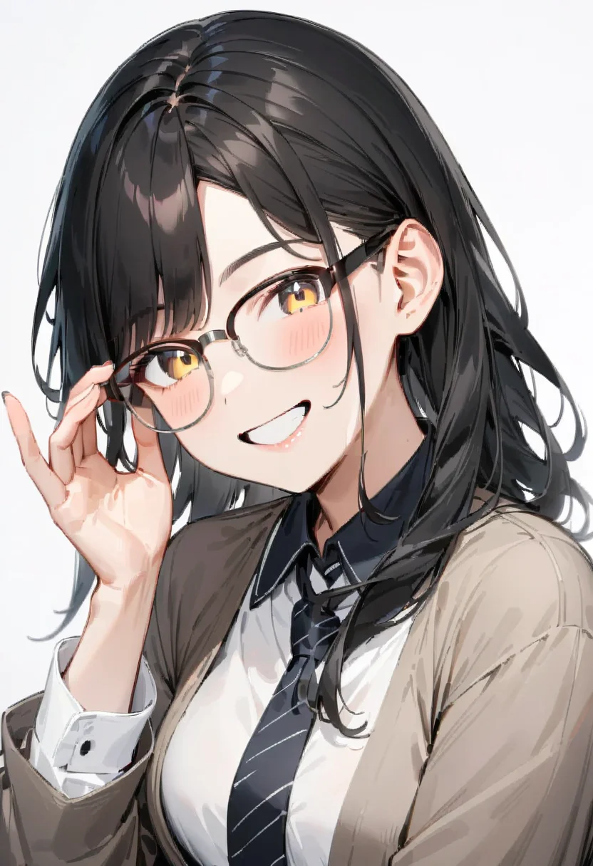 masterpiece, best quality, very aesthetic, absurdres,
1girl, solo, black hair, long hair,
sirmont16A, glasses,
collared shirt, happy, smile, looking at viewer, adjusting eyewear, white background, simple background,
<lora:glasses_sirmont2_SDXL_V1:1>