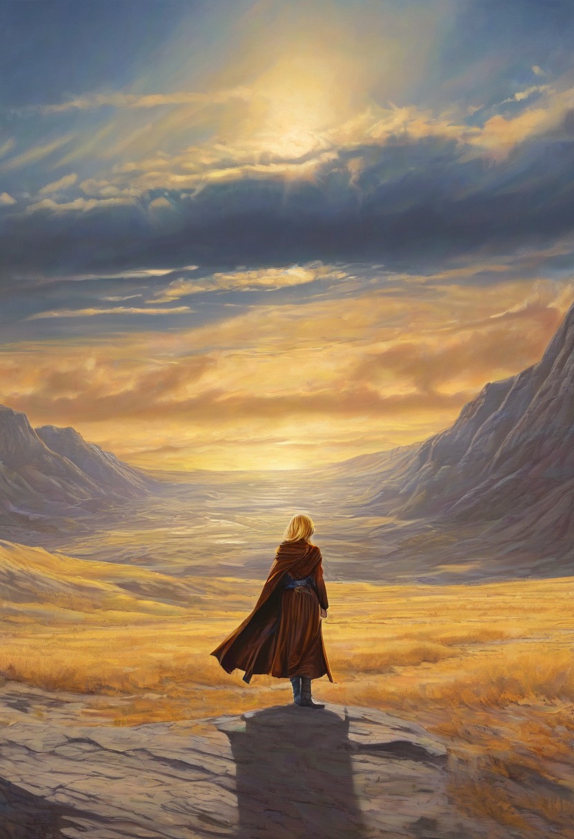 1woman, blonde hair, the grim reaper, facing away, rocky hill, standing, robe blowing in the wind, clouds, sky, sunset, stars, cosmic, in meditation, ultra detailed landscape, bright yellow, energy surrounding surrounding him, volumetric lighting, ultra detailed clothes, ultra detailed body, ultra detailed hair, a city made of blue crystals is on fire in the distance, serenity, holding a sword,
by Natalia Rak and Barclay Shaw in the style of Jessica Rossier,  <lora:EnvyAnimeWatercolorXL02:0.60> ,   Elmore_Style_LX <lora:Elmore_Style_LX-000011:0.60>