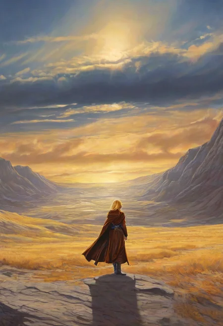 1woman, blonde hair, the grim reaper, facing away, rocky hill, standing, robe blowing in the wind, clouds, sky, sunset, stars, cosmic, in meditation, ultra detailed landscape, bright yellow, energy surrounding surrounding him, volumetric lighting, ultra detailed clothes, ultra detailed body, ultra detailed hair, a city made of blue crystals is on fire in the distance, serenity, holding a sword,
by Natalia Rak and Barclay Shaw in the style of Jessica Rossier, <lora:EnvyAnimeWatercolorXL02:0.60> , Elmore_Style_LX <lora:Elmore_Style_LX-000011:0.60>