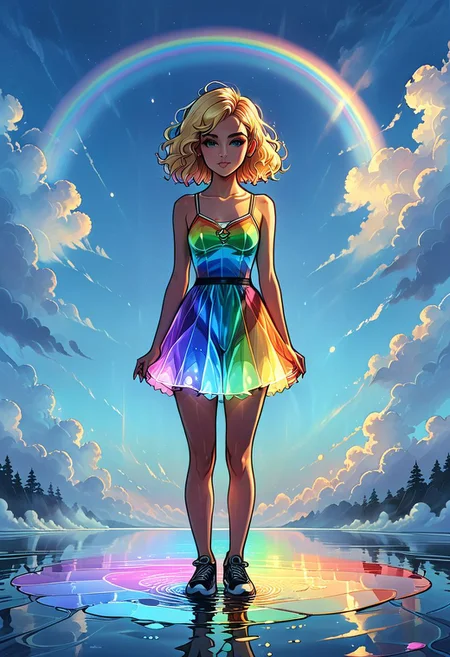 full height, full body, fullbody,
a girl stands on the surface of the water around the clouds with a reflection in the water,
outline of a girl,
outline of a girl surrounded by a rainbow glow, rainbow aura, girl Hourglass elongated fitness shadow body, Oval Face, Short blonde Waves pixie hair,
graphic style of novel comics, perfect hands, 2d,
8k, hyperrealism, masterpiece, high resolution, best quality, ultra-detailed, super realistic, Hyperrealistic art, high-quality, ultra high res, highest detailed, lot of details, Extremely high-resolution details, incredibly lifelike, colourful, soft cinematic light,